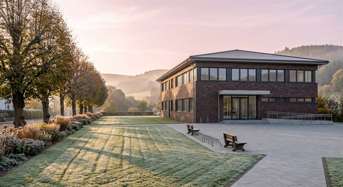 Gepflegte Außenanlage vor einem öffentlichen Verwaltungsgebäude im Morgenlicht in der Eifel