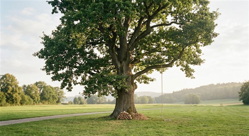 Gesunde alte Eiche mit Kletterseil und gestapeltem Holz