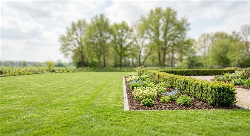 Gepflegter Rasen mit Staudenbeet und sauber geschnittener Hecke