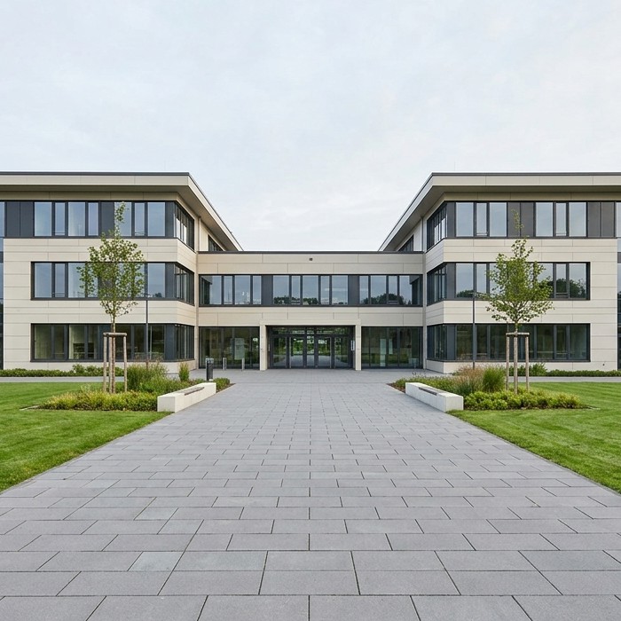 Modernes Schulgebäude mit gepflegtem Außengelände