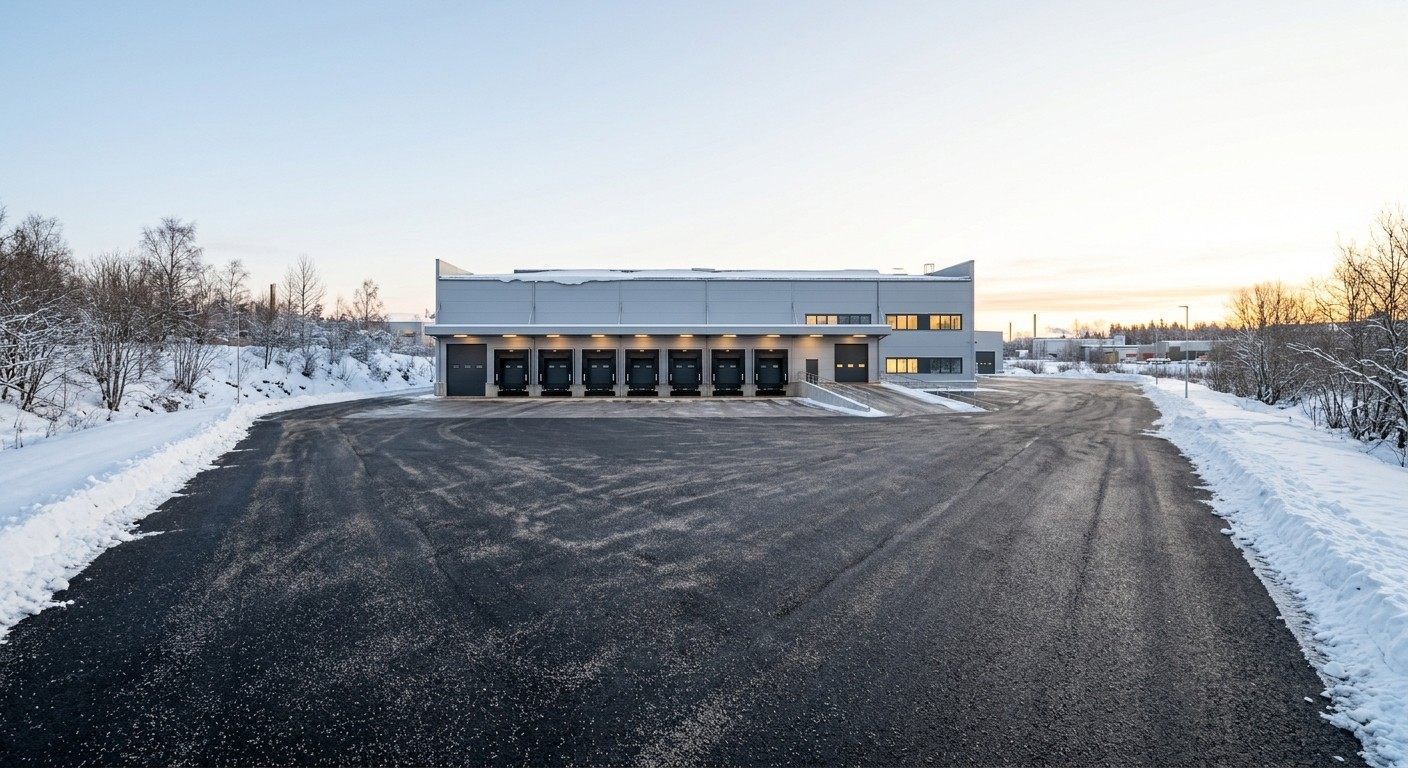 Frisch geräumte und gestreute Hoffläche vor einer Logistikhalle mit Laderampen im Winter