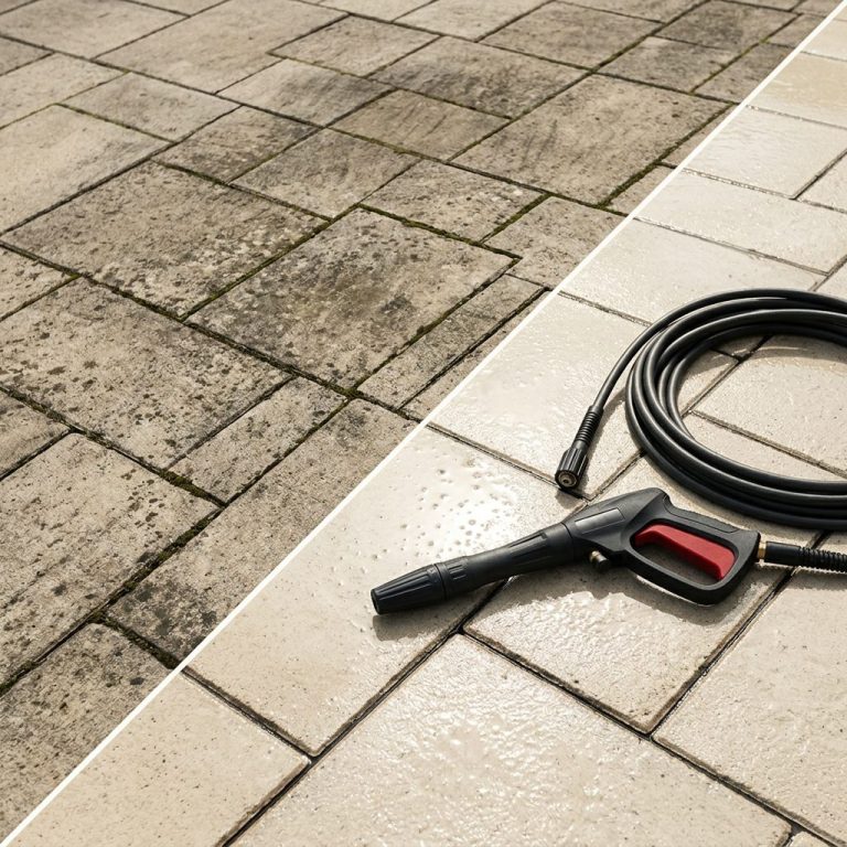 Professionelle Reinigung von Pflasterflächen durch Handbetrieb